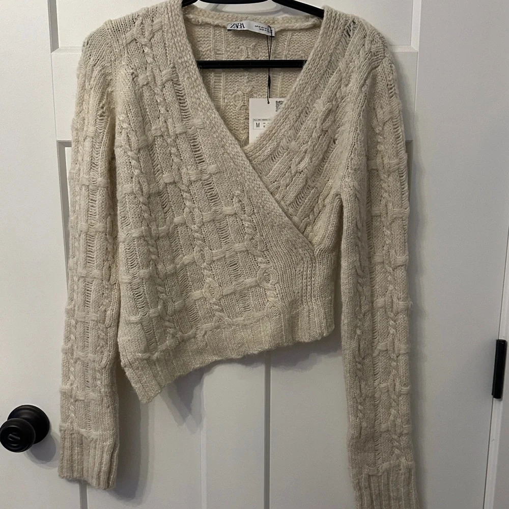 Zara Cream Cable-Knit V-Neck Wrap Sweater - Picture 1 of 4